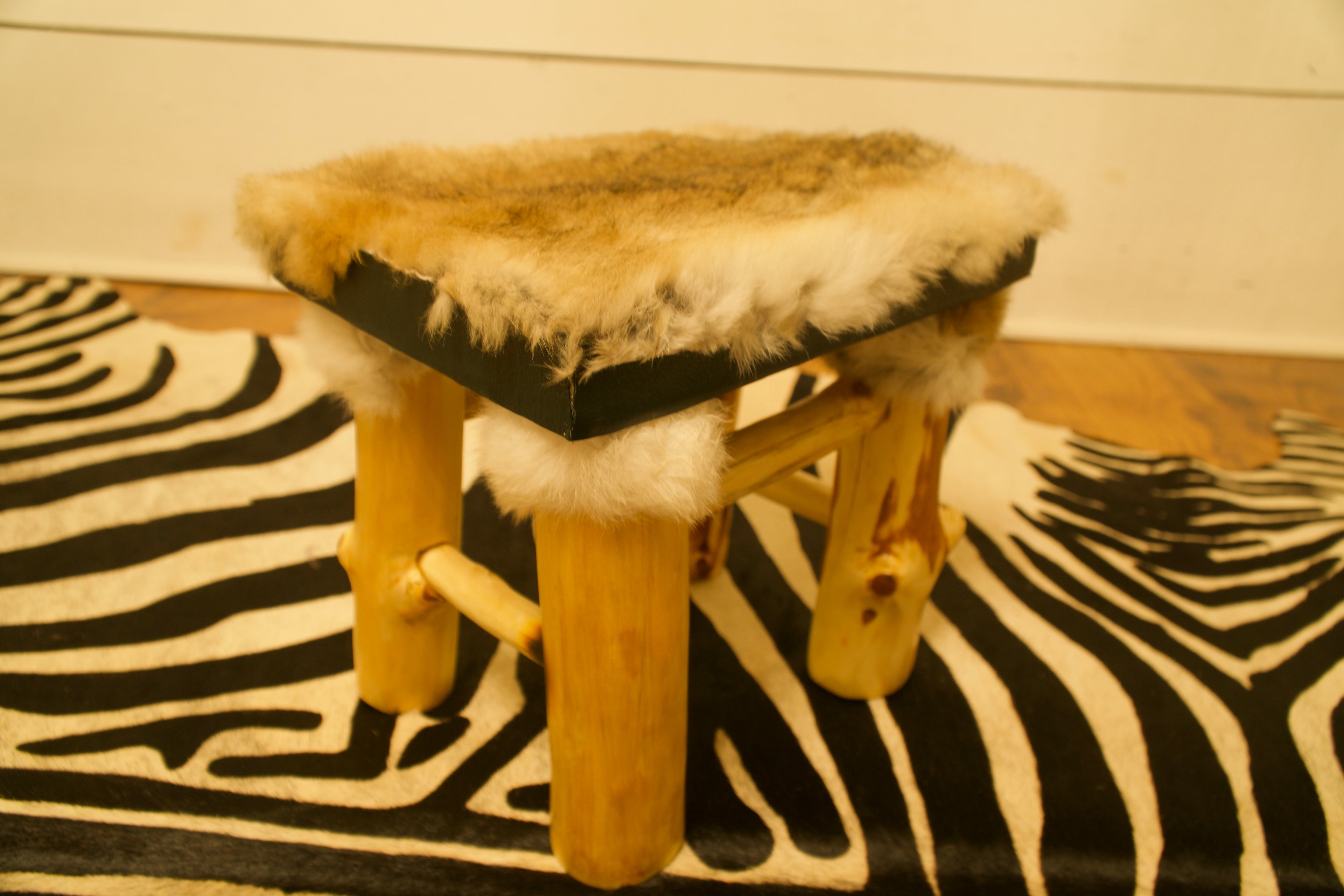 Hazel Rabbit Fur and Leather Foot Stool